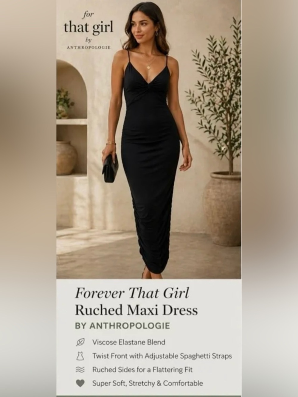 Forever That Girl Ruched Maxi Dress Black NWT Anthropologie Size M